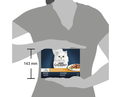 Pachet de hrană pentru pisici Purina Gourmet Perle, înălțime 143 milimetri.