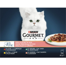 Hrană pentru pisici Purina Gourmet Perle, Mini fileuri în sos, 12 porții a câte 85 grame, cu imaginea unei pisici și hrană umedă.