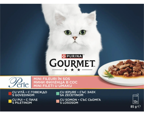 Hrană pentru pisici Purina Gourmet Perle, Mini fileuri în sos, 12 porții a câte 85 grame, cu imaginea unei pisici și hrană umedă.