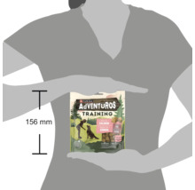 Gustări pentru câini Purina AdVENTuROS Training cu somon, înălțime 156 milimetri, pachet ținut de o siluetă pentru a ilustra dimensiunea.