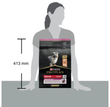 Hrană pentru câini Purina Pro Plan Medium Puppy Sensitive Skin în sac de 413 milimetri înălțime, comparație de mărime cu o persoană.