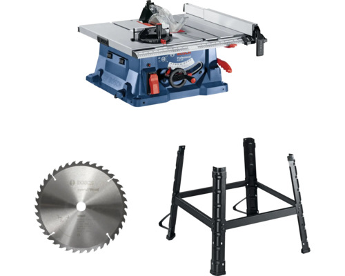 Fierăstrău circular cu masă Bosch Professional GTS 254 cu suport și o pânză de ferăstrău circular.