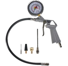 Pistol de umflat pneuri gri din metal cu manometru, furtun negru și patru adaptoare diferite.