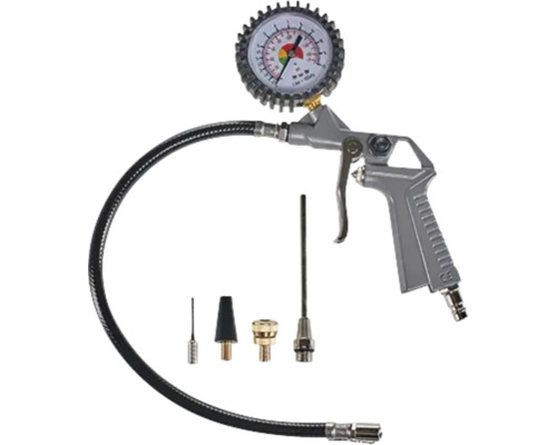 Pistol de umflat pneuri gri din metal cu manometru, furtun negru și patru adaptoare diferite.