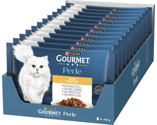 Hrană umedă pentru pisici Purina Gourmet Perle Duo, multipack cu 12 pliculețe de 85 grame.