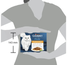 Pachet de hrană pentru pisici Gourmet Perle cu o înălțime de 143 milimetri, ilustrând o pisică albă și o porție de mâncare pe o farfurie.