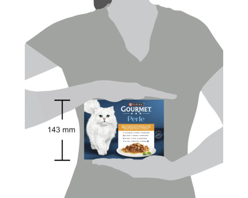 Pachet de hrană pentru pisici Gourmet Perle cu o înălțime de 143 milimetri, ilustrând o pisică albă și o porție de mâncare pe o farfurie.