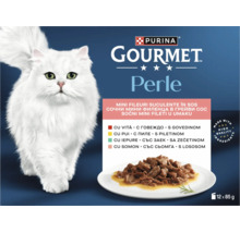 Purina Gourmet Perle multipack, 12 plicuri a câte 85 grame, fileuri în sos cu vită, pui, iepure și somon, ingrediente de înaltă calitate.