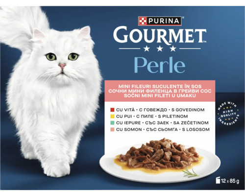 Purina Gourmet Perle multipack, 12 plicuri a câte 85 grame, fileuri în sos cu vită, pui, iepure și somon, ingrediente de înaltă calitate.