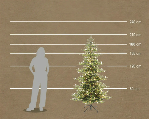 Brad de Crăciun artificial cu iluminare LED într-o comparație de dimensiuni cu o persoană și indicații de înălțime de până la 240 centimetri.