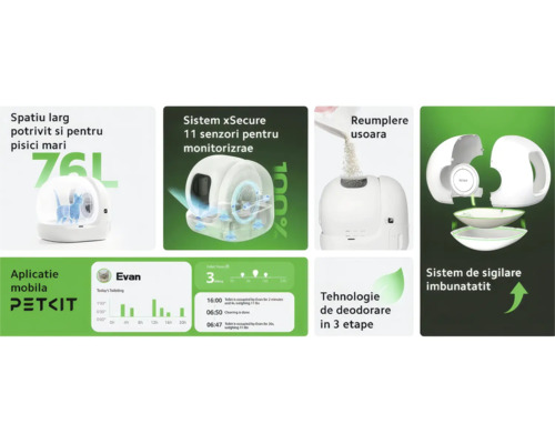 Toaletă pentru pisici cu autocurățare PETKIT cu volum de 76 litri, unsprezece senzori de siguranță, control prin aplicație și tehnologie de dezodorizare.