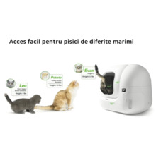 Litieră automată cu autocurățare pentru pisici de diferite dimensiuni, cu specificații privind dimensiunile accesului.