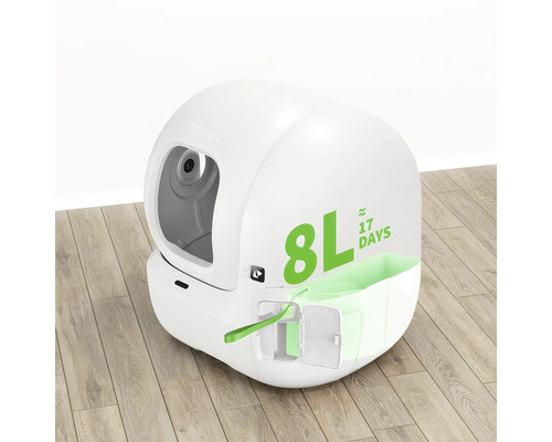Litieră albă autonivelantă pentru pisici de la PETKIT din plastic cu o capacitate de deșeuri de 8 litri pentru aproximativ 17 zile.