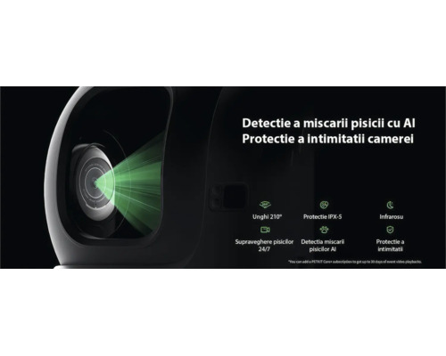 Cameră PETKIT pentru pisici cu inteligență artificială, protecție a intimității, unghi de 210 grade, protecție IPX-5 și infraroșu.