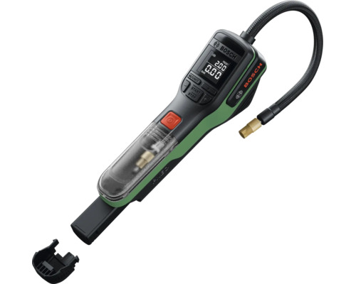 Pompă de aer cu acumulator Bosch cu afișaj digital, butoane de control, furtun flexibil și spațiu de depozitare integrat pentru accesorii.