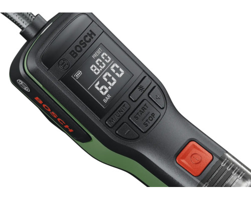 Pompă de aer comprimat cu acumulator Bosch EasyPump cu afișaj digital și butoane de control.