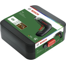 Șurubelniță cu acumulator Bosch IXO 4 Volt în cutie de depozitare cu detalii despre cuplu, turație și Bosch Logo.