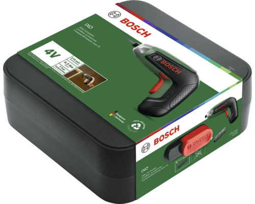 Șurubelniță cu acumulator Bosch IXO 4 Volt în cutie de depozitare cu detalii despre cuplu, turație și Bosch Logo.