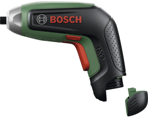 Șurubelniță cu acumulator Bosch IXO cu mâner ergonomic, comutator pentru direcția de rotație și capac detașabil. Logo Bosch.