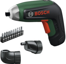 Set mașină de înșurubat cu acumulator Bosch IXO cu adaptor unghiular, adaptor excentric și set de zece biți.