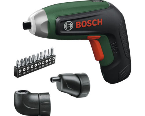 Set mașină de înșurubat cu acumulator Bosch IXO cu adaptor unghiular, adaptor excentric și set de zece biți.