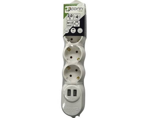 Prelungitor cu 3 prize și 2 porturi USB, lungime cablu 2 metri, secțiune 3x1,5 milimetri pătrați, JCONN Logo.
