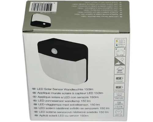 Aplică solară LED cu senzor 150 lumeni cu detector de mișcare și grad de protecție IP54 în ambalaj.