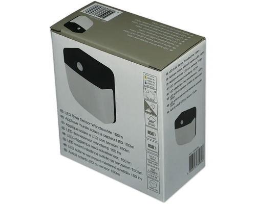 Ambalaj pentru o aplică solară cu LED și senzor, 150 lumeni și grad de protecție IP54. Include acumulator litiu-ion.