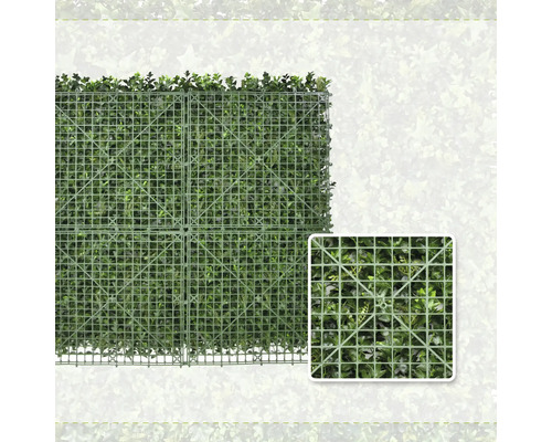 Vedere din spate a unui gard viu artificial pe o grilă de plastic flexibilă cu un detaliu al structurii grilei.