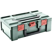 Cutie pentru scule Metabo metaBOX verde din plastic cu mâner de transport și închizători roșii.
