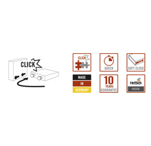 Simboluri pentru montaj prin clic, instalare rapidă, funcție de închidere lentă, Fabricat în Germania, 10 ani garanție și Hettich Logo.