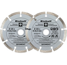 Două discuri diamantate segmentate Einhell cu Einhell Logo, diametru 125 milimetri, pentru tăiere uscată a betonului și granitului.