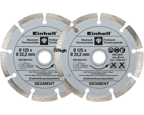 Două discuri diamantate segmentate Einhell cu Einhell Logo, diametru 125 milimetri, pentru tăiere uscată a betonului și granitului.