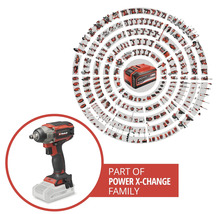 Mașină de înșurubat cu impact cu acumulator Einhell, parte din familia Power X-Change, cu o prezentare a multor unelte compatibile.