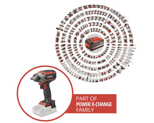 Mașină de înșurubat cu impact cu acumulator Einhell, parte din familia Power X-Change, cu o prezentare a multor unelte compatibile.