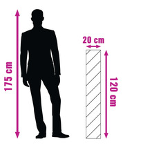 Compararea dimensiunilor între o persoană de 175 centimetri și un produs cu înălțimea de 120 centimetri și lățimea de 20 centimetri.