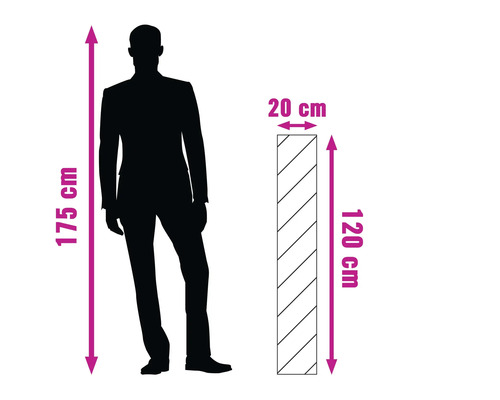 Compararea dimensiunilor între o persoană de 175 centimetri și un produs cu înălțimea de 120 centimetri și lățimea de 20 centimetri.