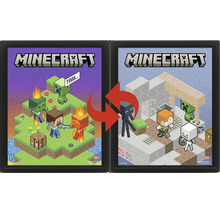 Set de rame Minecraft cu două rame negre și postere reversibile cu Steve, Alex și alte personaje din joc.