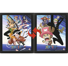 Tablou lenticular One Piece în ramă neagră cu efect de schimbare, înfățișând diverse personaje și One Piece Logo.