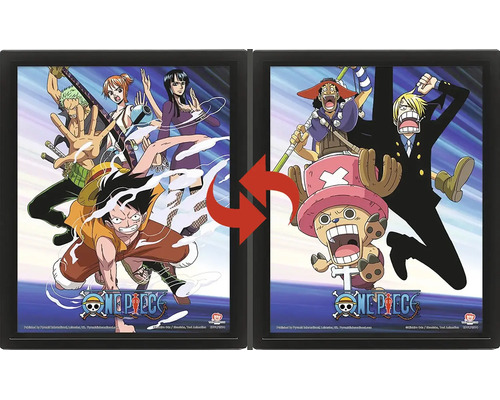 Tablou lenticular One Piece în ramă neagră cu efect de schimbare, înfățișând diverse personaje și One Piece Logo.