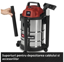 Aspirator umed-uscat Einhell cu rezervor de 20 litri din oțel inoxidabil și suporturi integrate pentru depozitarea cablului și a accesoriilor.