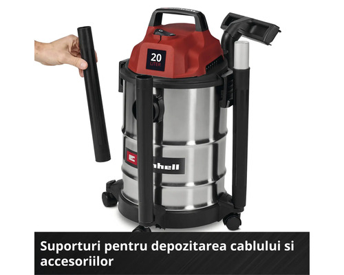 Aspirator umed-uscat Einhell cu rezervor de 20 litri din oțel inoxidabil și suporturi integrate pentru depozitarea cablului și a accesoriilor.