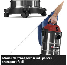 Aspirator umed-uscat Einhell cu mâner de transport și role pentru transport facil, rezervor de 20 litri din oțel inoxidabil.