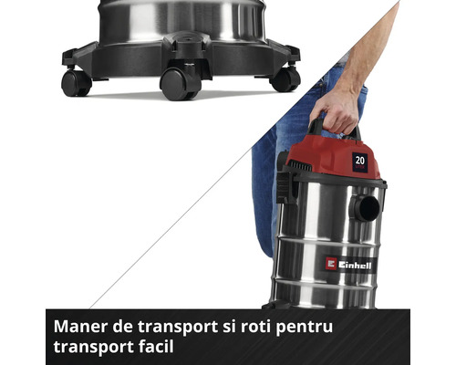 Aspirator umed-uscat Einhell cu mâner de transport și role pentru transport facil, rezervor de 20 litri din oțel inoxidabil.
