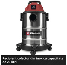 Aspirator umed-uscat Einhell cu recipient din oțel inoxidabil cu o capacitate de 20 litri.