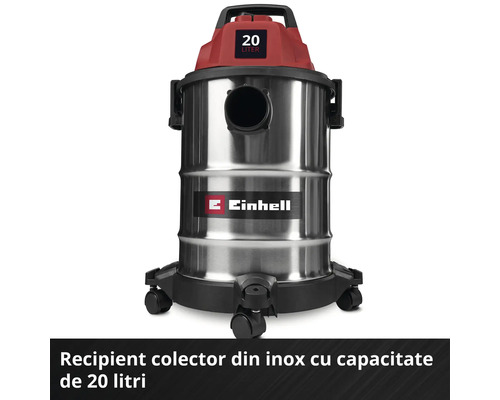 Aspirator umed-uscat Einhell cu recipient din oțel inoxidabil cu o capacitate de 20 litri.