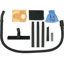 Set accesorii aspirator cu furtun, duză podea, tuburi prelungitoare, duză pentru rosturi, sac din hârtie, filtru de spumă și sac din material textil.