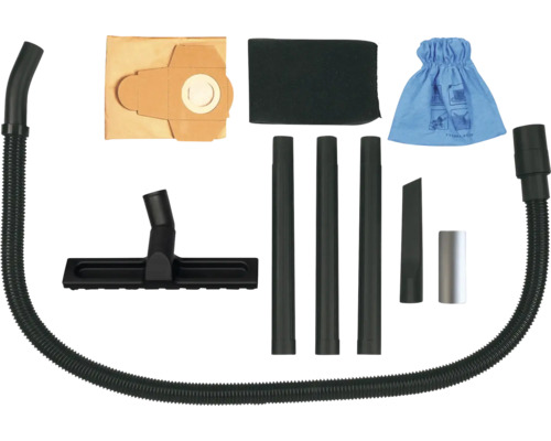 Set accesorii aspirator cu furtun, duză podea, tuburi prelungitoare, duză pentru rosturi, sac din hârtie, filtru de spumă și sac din material textil.