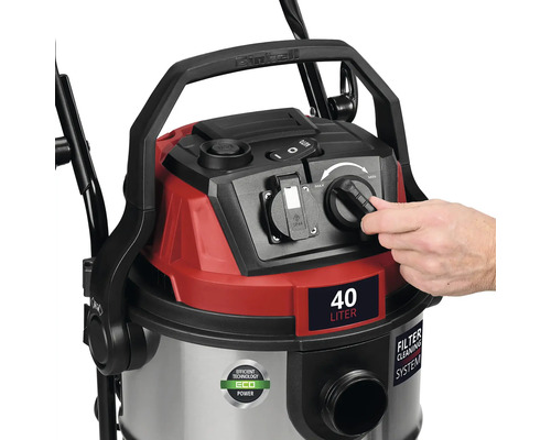 Aspirator umed-uscat Einhell cu o capacitate de 40 litri, priză și buton rotativ pentru reglarea puterii de aspirare.