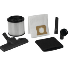 Set accesorii aspirator cu filtru cartuș, sac de praf, duză de podea, filtru de spumă, duză pentru rosturi și perie rotundă.
